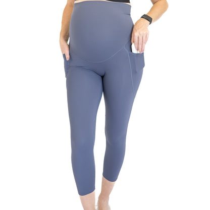 Blue 3/4 Maternity Leggings with pockets and high waistband for comfort and style