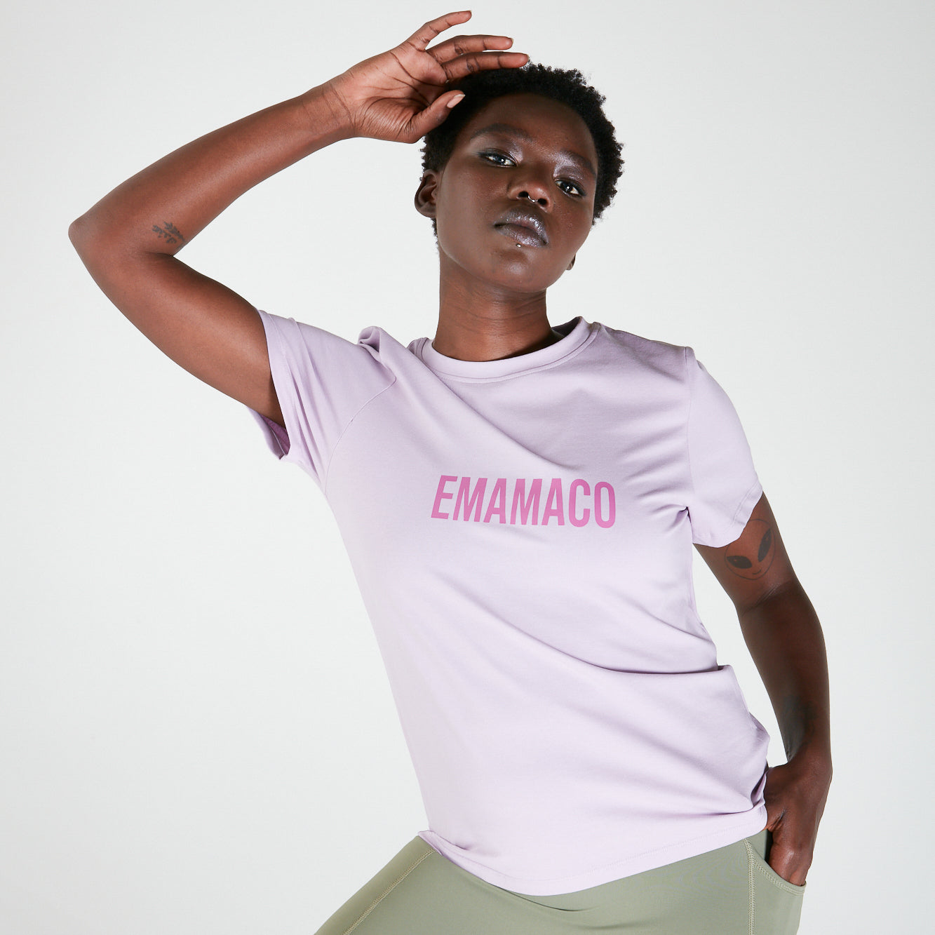 Light purple BASIC TEE with EMAMACO in pink, perfect for maternity activewear final sale