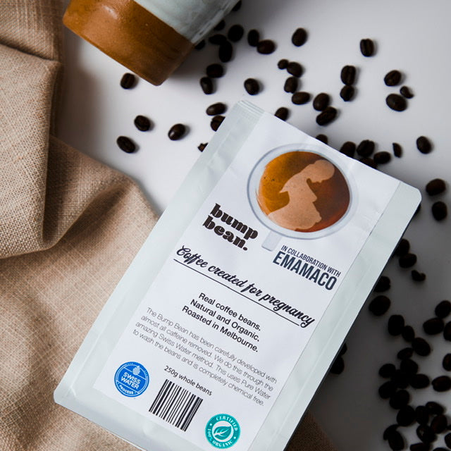 Bag of Calamaro coffee beans with dog silhouette logo for Bump Bean coffee