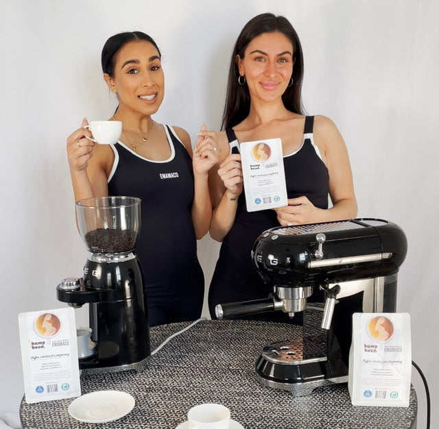 Espresso machine, grinder, and two women with Bump Bean coffee products for breastfeeding mums