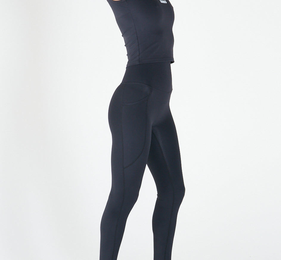 Black high-waisted athletic leggings for activewear with pockets and shapewear support