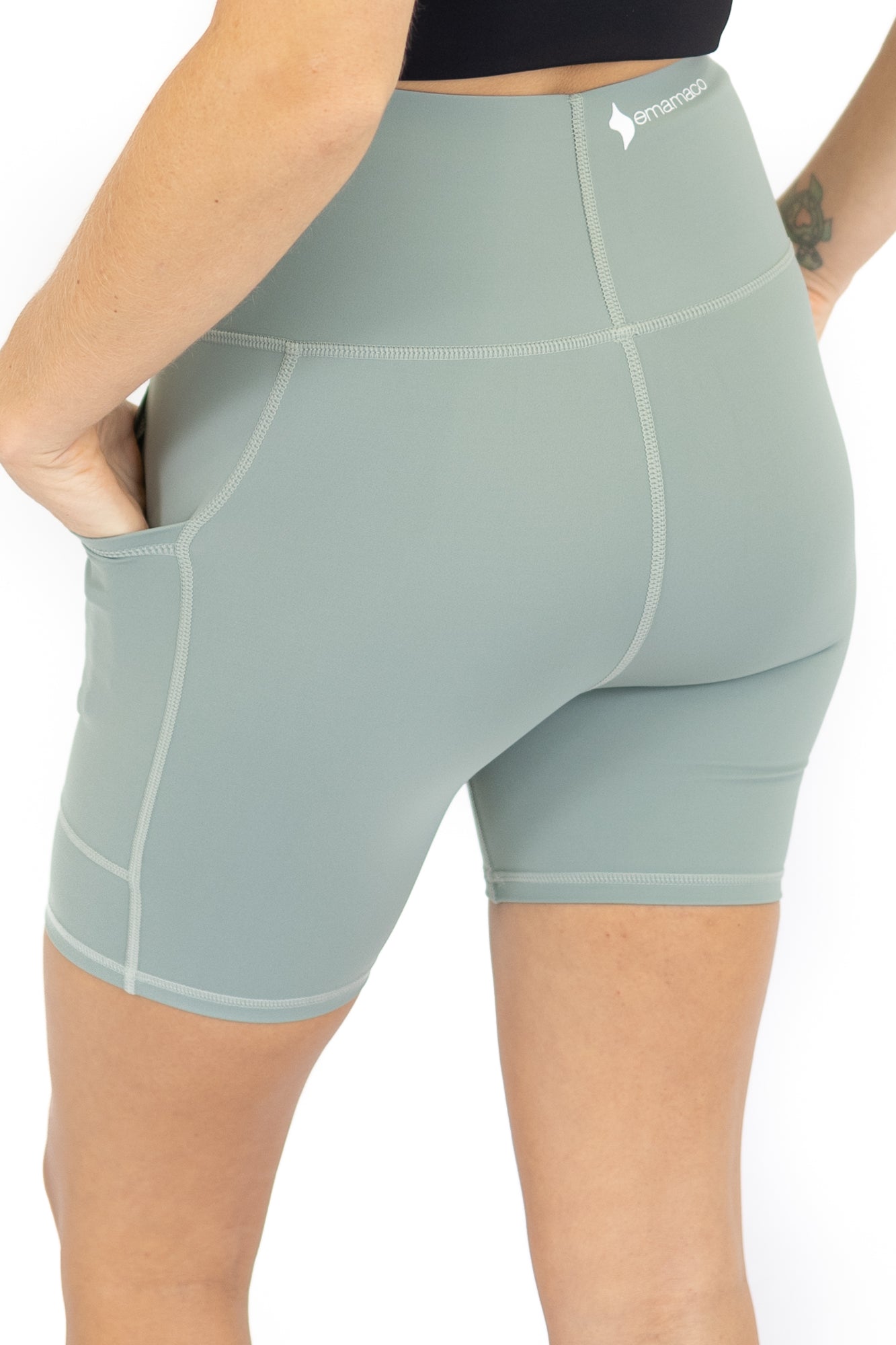 Light green high-waisted Shaper Move Shorts with pockets on final sale, limited sizes