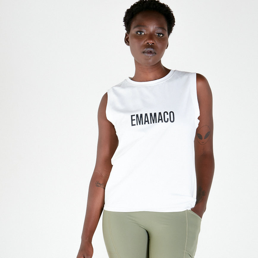 Stylish addition to activewear, white sleeveless shirt with EMAMACO print for maternity use